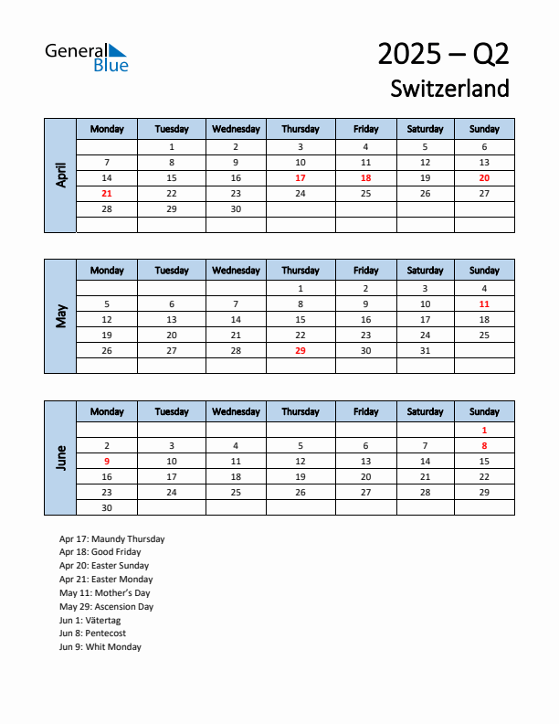 Free Q2 2025 Calendar for Switzerland - Monday Start