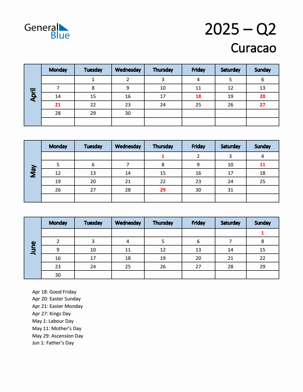 Free Q2 2025 Calendar for Curacao - Monday Start