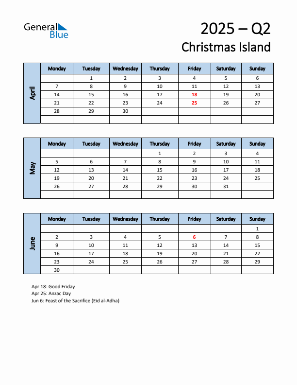Free Q2 2025 Calendar for Christmas Island - Monday Start