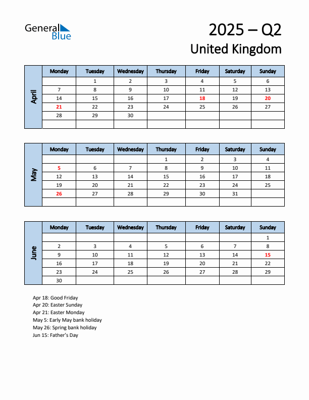 Free Q2 2025 Calendar for United Kingdom - Monday Start