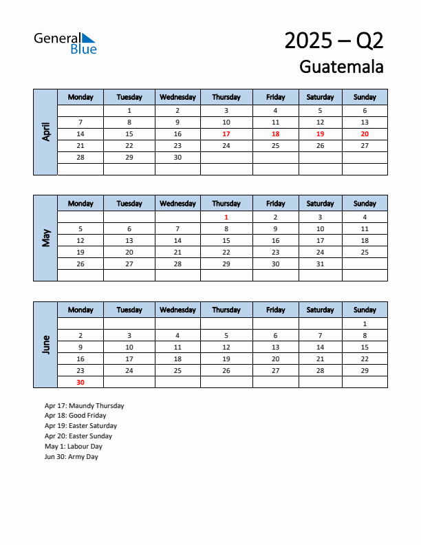 Free Q2 2025 Calendar for Guatemala - Monday Start