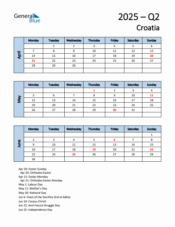 Free Q2 2025 Calendar for Croatia - Monday Start