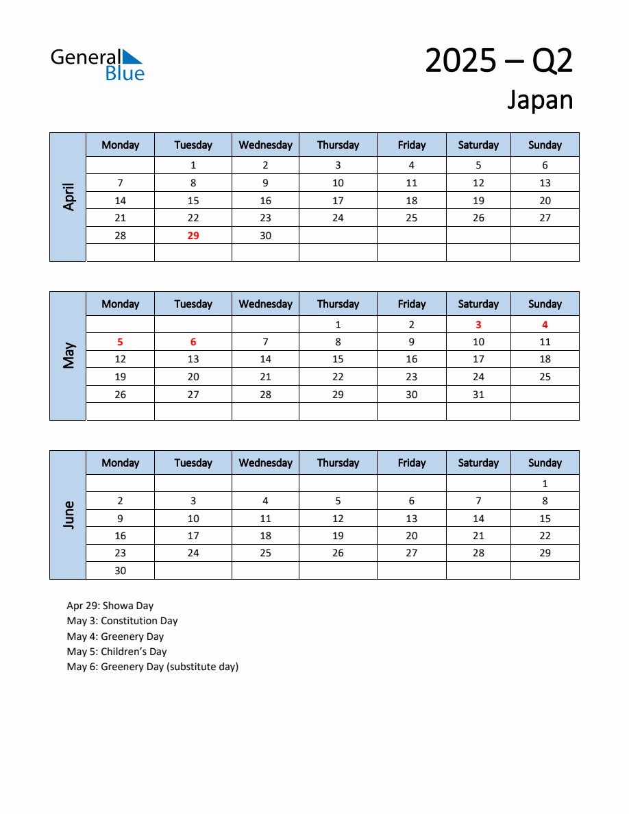 Free Q2 2025 Calendar for Japan Monday Start