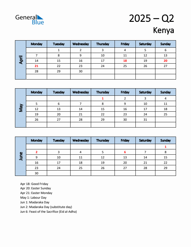 Free Q2 2025 Calendar for Kenya - Monday Start