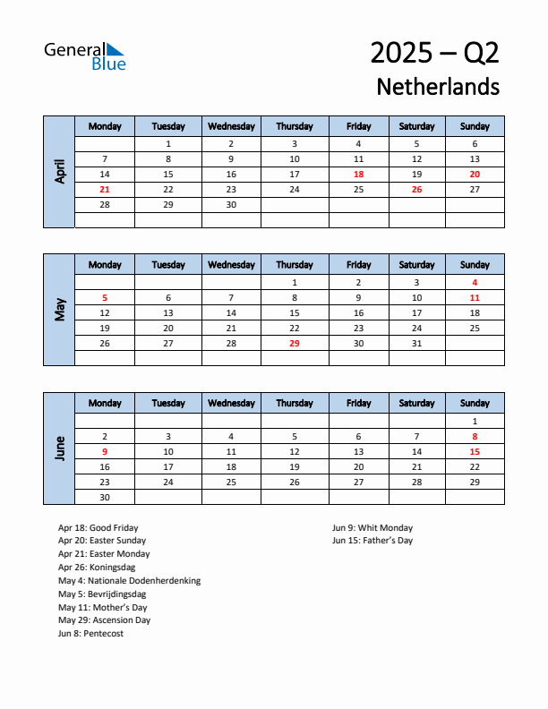 Free Q2 2025 Calendar for The Netherlands - Monday Start