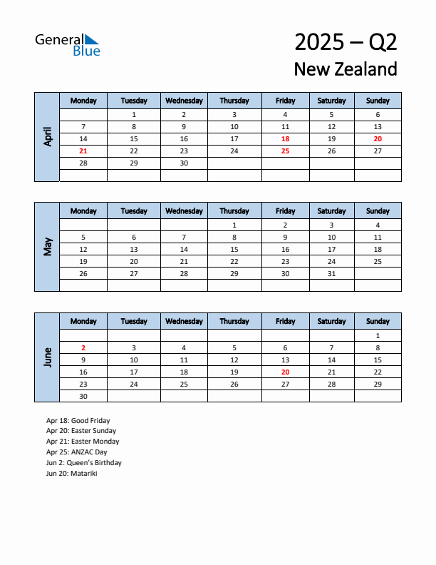 Three-month calendar for New Zealand - Q2 of 2025