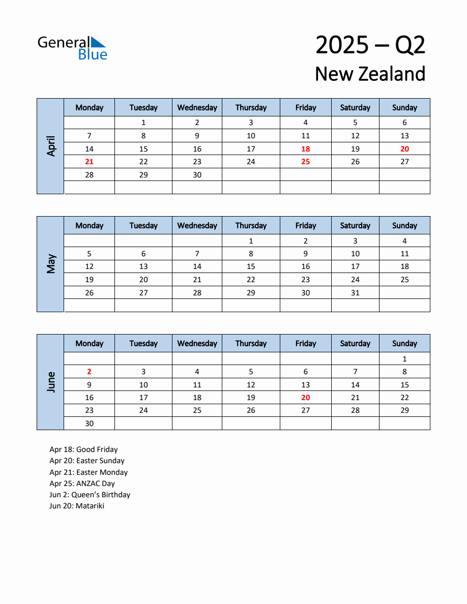 Free Q2 2025 Calendar for New Zealand Monday Start