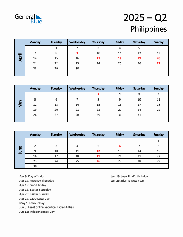 Three-month calendar for Philippines - Q2 of 2025