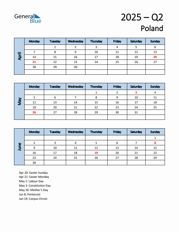 Free Q2 2025 Calendar for Poland - Monday Start