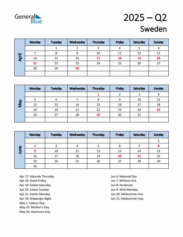 Free Q2 2025 Calendar for Sweden - Monday Start