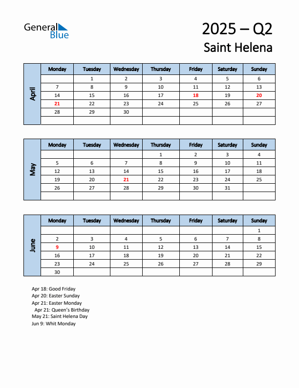 Free Q2 2025 Calendar for Saint Helena - Monday Start