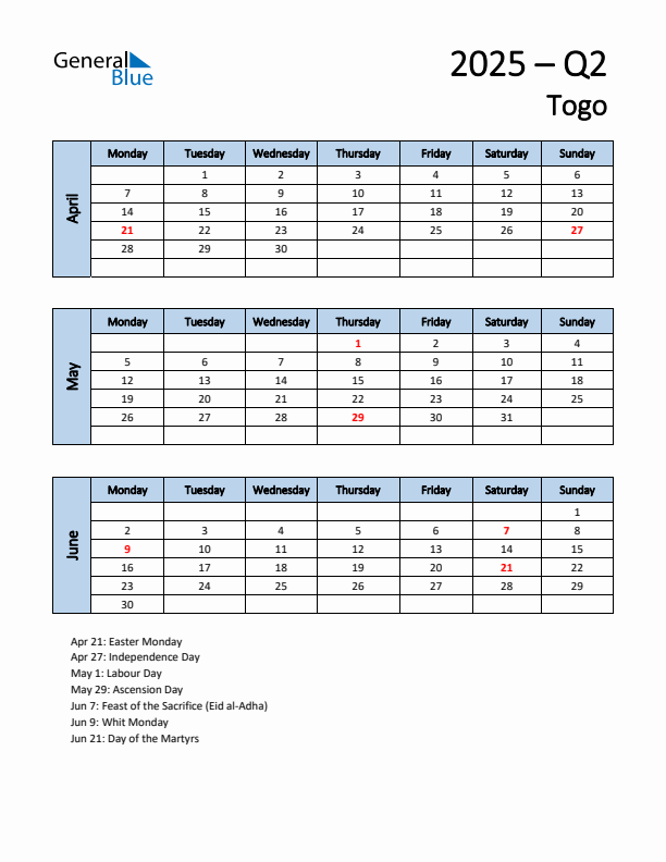 Free Q2 2025 Calendar for Togo - Monday Start