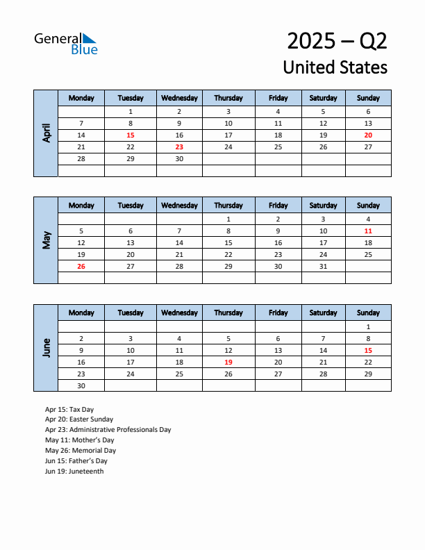 Free Q2 2025 Calendar for United States - Monday Start