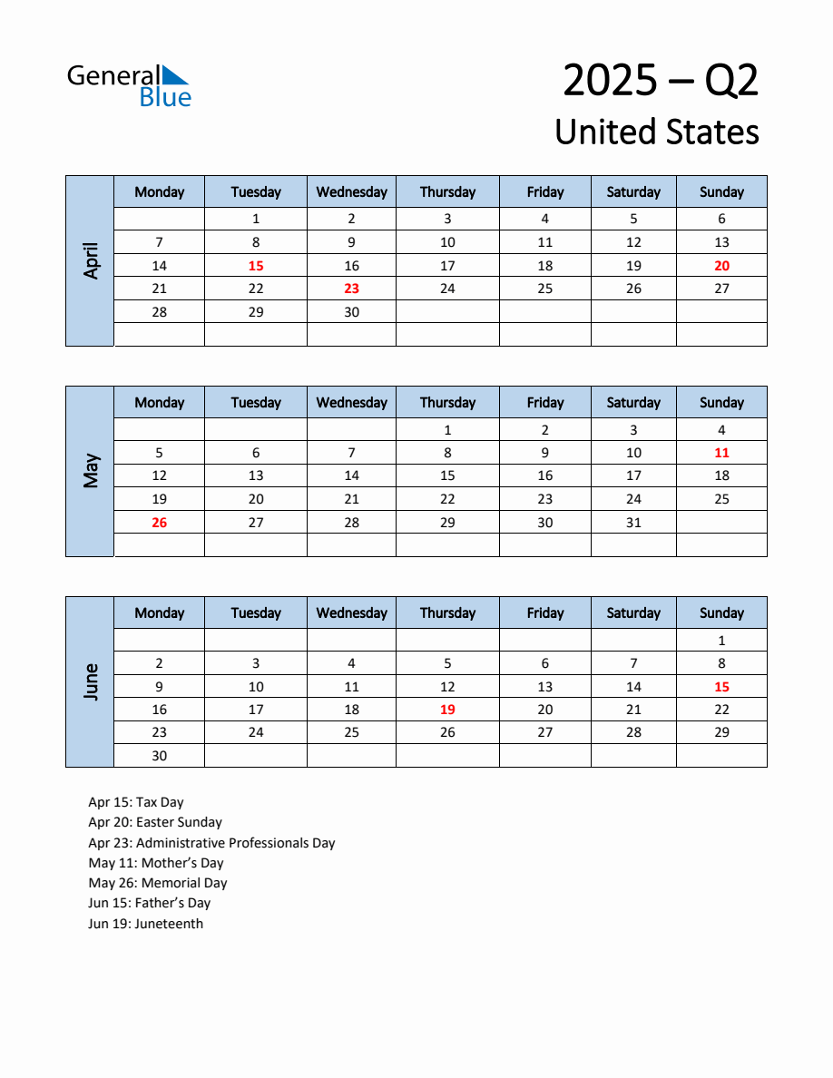 Free Q2 2025 Calendar for United States Monday Start