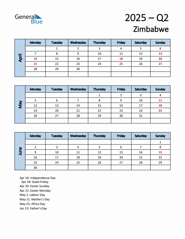 Free Q2 2025 Calendar for Zimbabwe - Monday Start