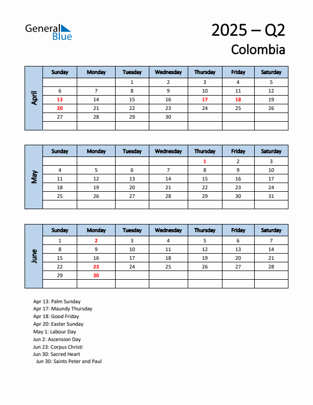 Free Q2 2025 Calendar for Colombia - Sunday Start
