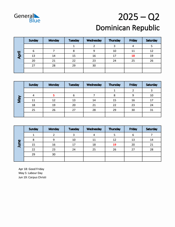 Free Q2 2025 Calendar for Dominican Republic - Sunday Start