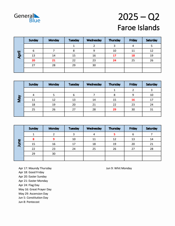 Free Q2 2025 Calendar for Faroe Islands - Sunday Start