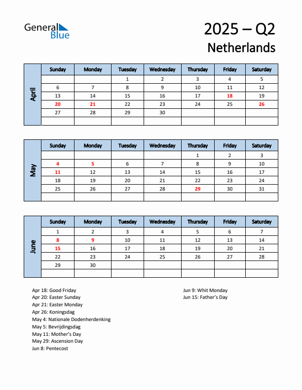 Free Q2 2025 Calendar for The Netherlands - Sunday Start