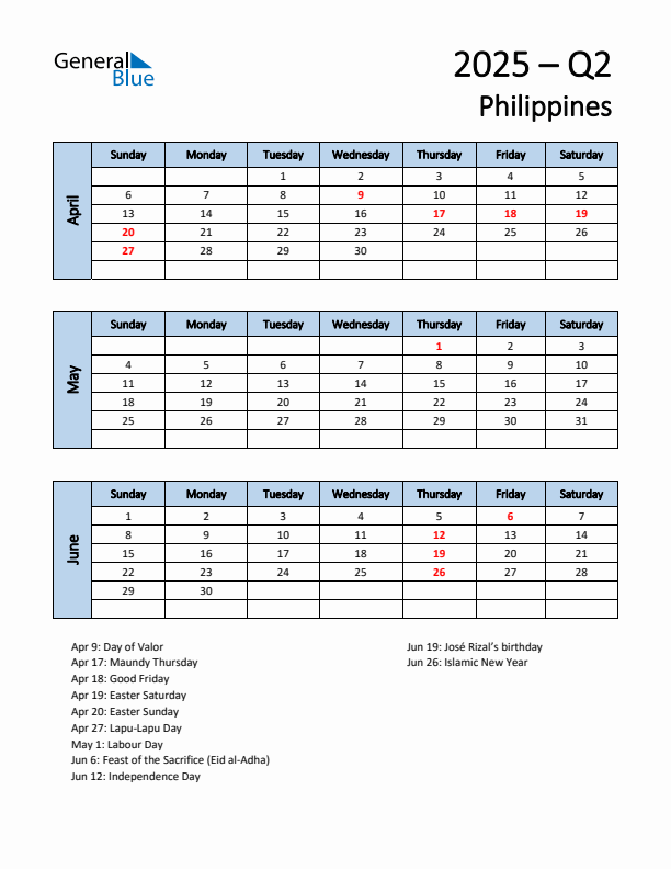 Free Q2 2025 Calendar for Philippines - Sunday Start
