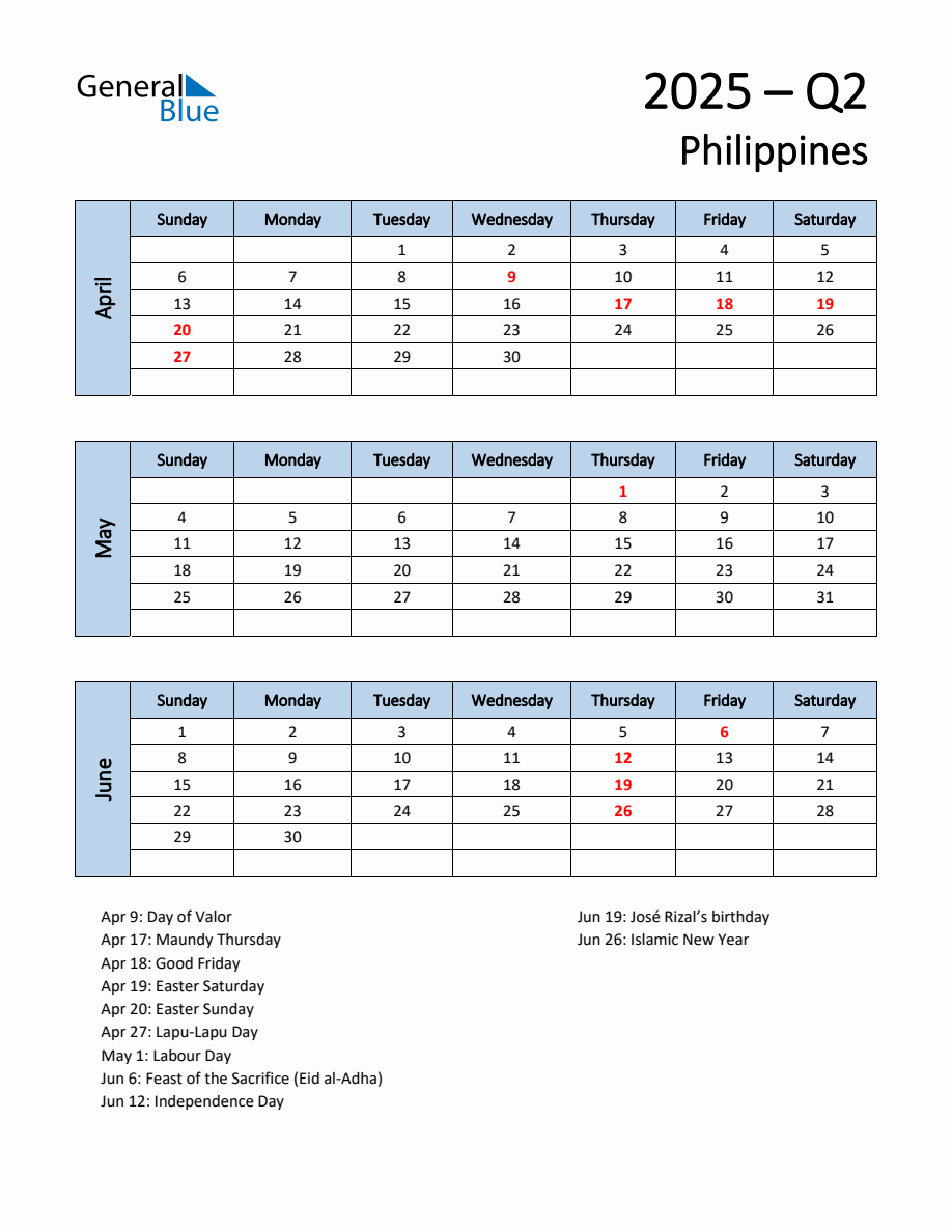 Free Q2 2025 Calendar for Philippines Sunday Start