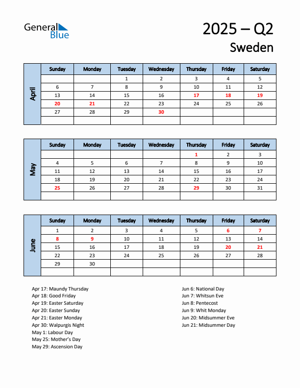 Free Q2 2025 Calendar for Sweden - Sunday Start