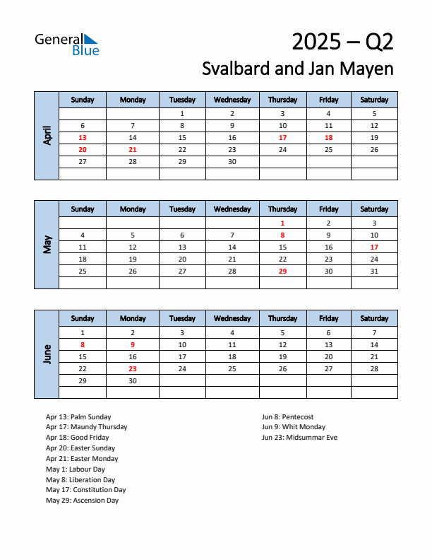 Free Q2 2025 Calendar for Svalbard and Jan Mayen - Sunday Start