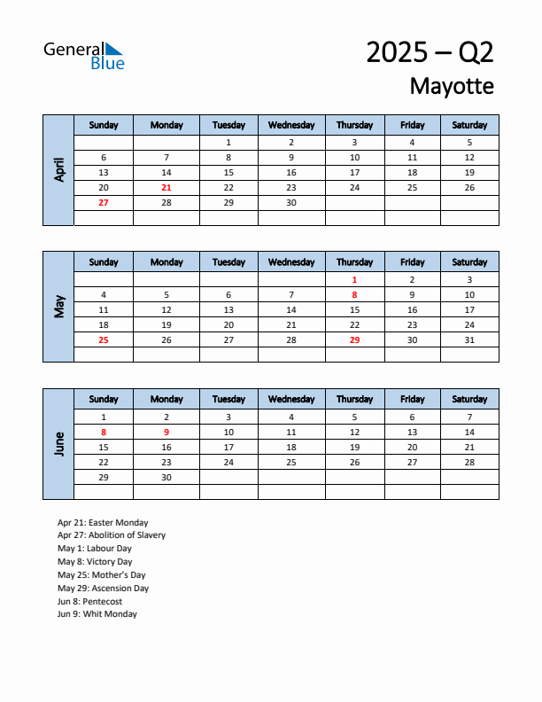 Free Q2 2025 Calendar for Mayotte - Sunday Start