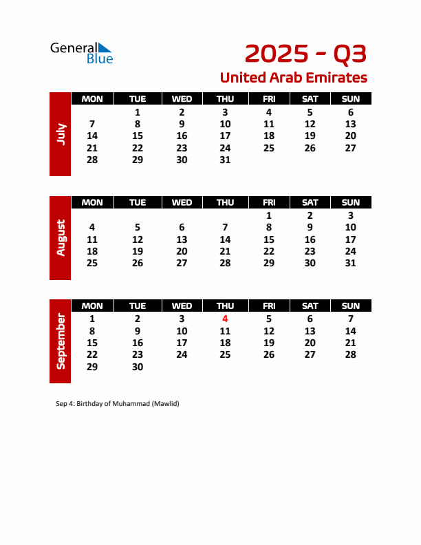 Threemonth calendar for United Arab Emirates Q3 of 2025
