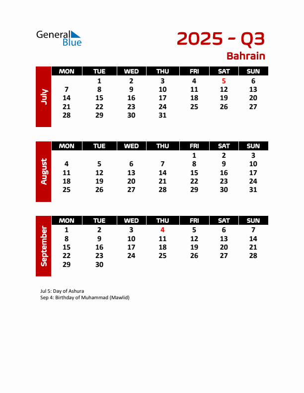 Q3 2025 Monday Start Quarterly Calendar with Bahrain Holidays