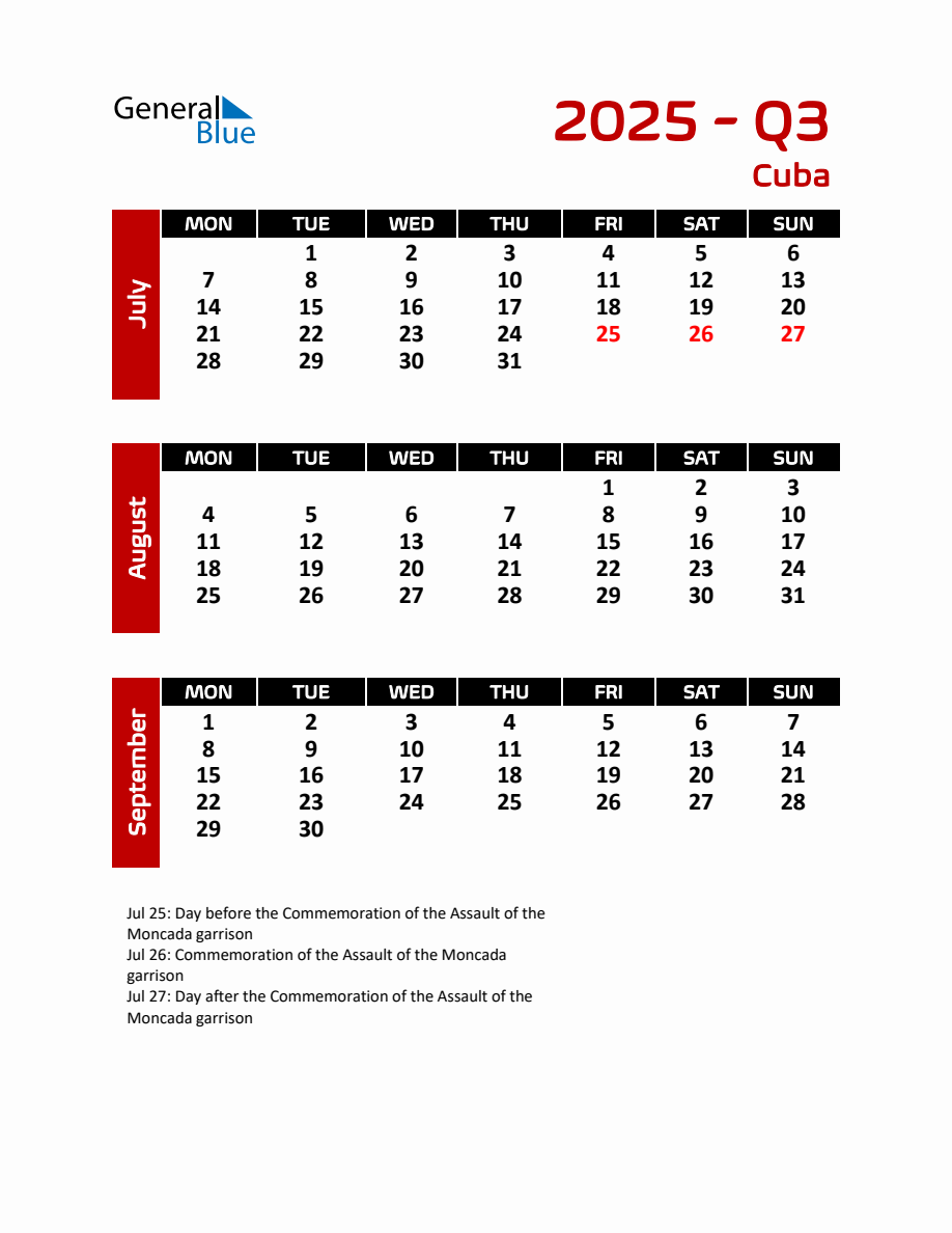 Q3 2025 Calendar with Holidays