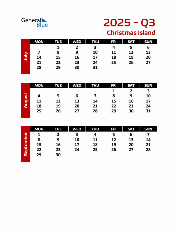 Threemonth calendar for Christmas Island Q3 of 2025
