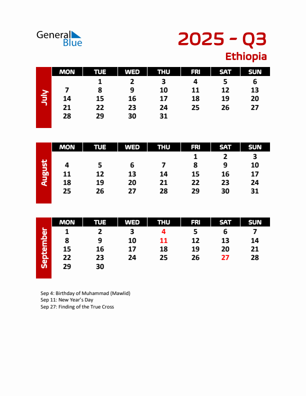 Q3 2025 Monday Start Quarterly Calendar with Ethiopia Holidays