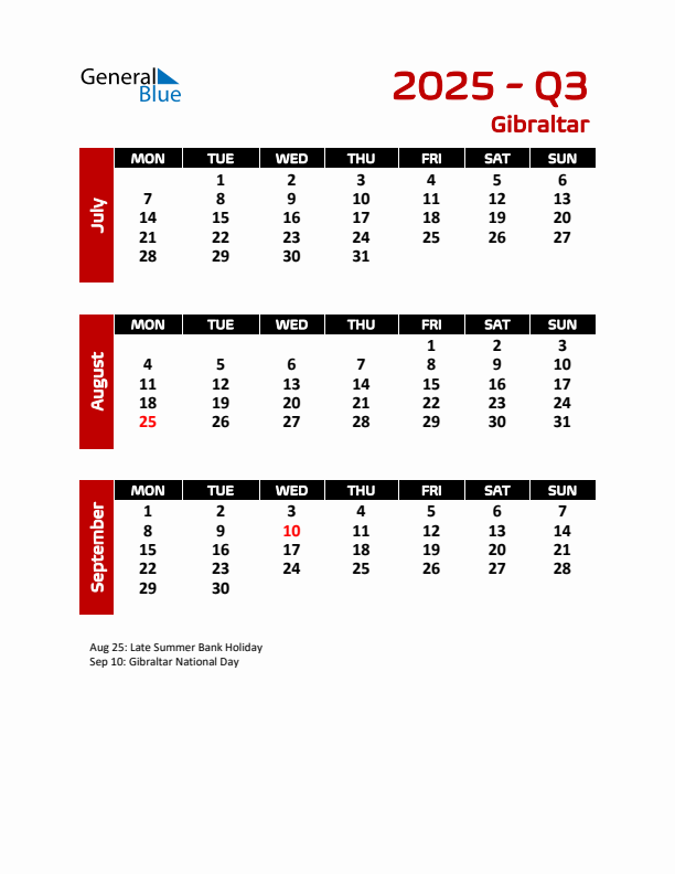 Threemonth calendar for Gibraltar Q3 of 2025