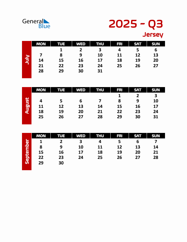 Threemonth calendar for Jersey Q3 of 2025