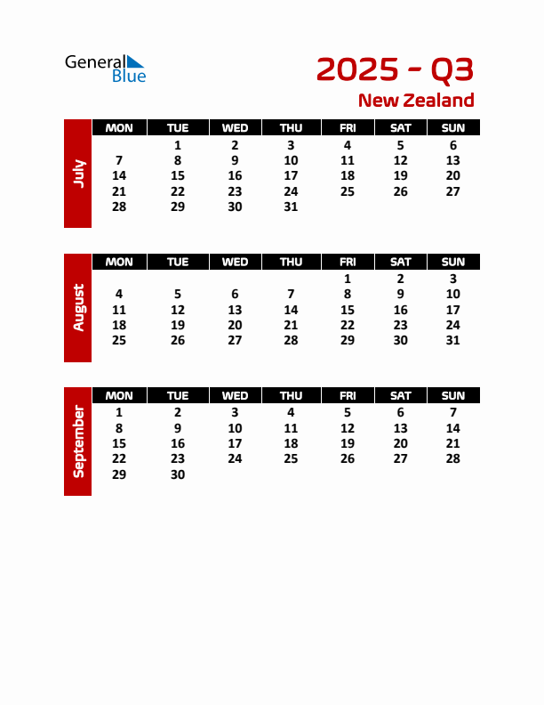 Threemonth calendar for New Zealand Q3 of 2025