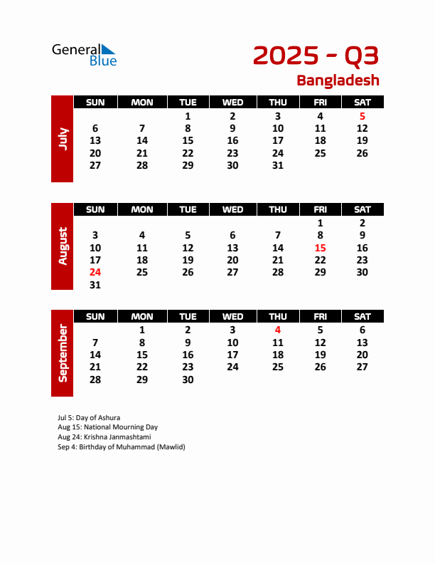 Q3 2025 Calendar with Holidays