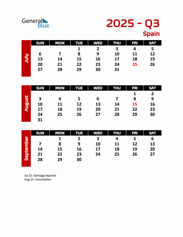 Q3 2025 Quarterly Calendar with Spain Holidays