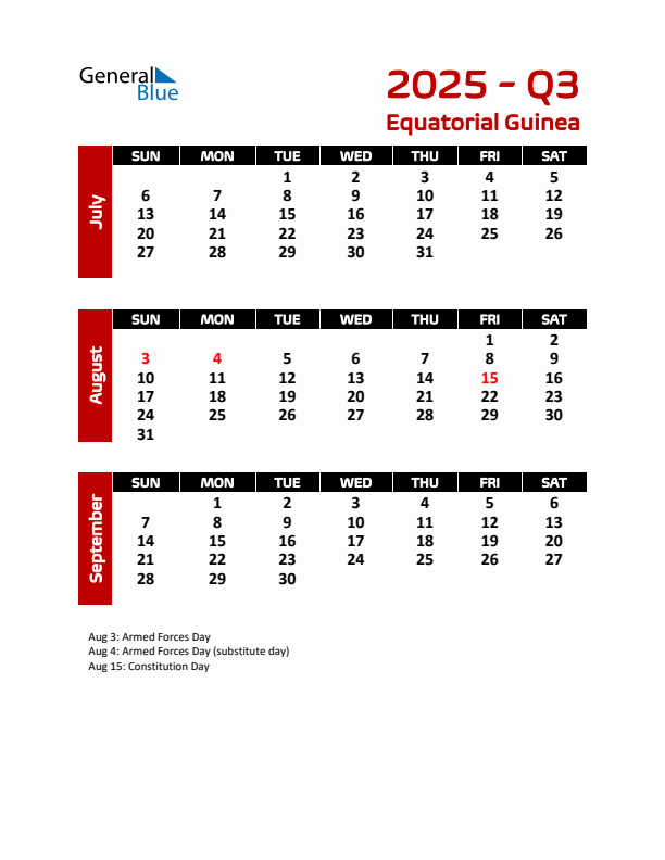 Q3 2025 Quarterly Calendar with Equatorial Guinea Holidays