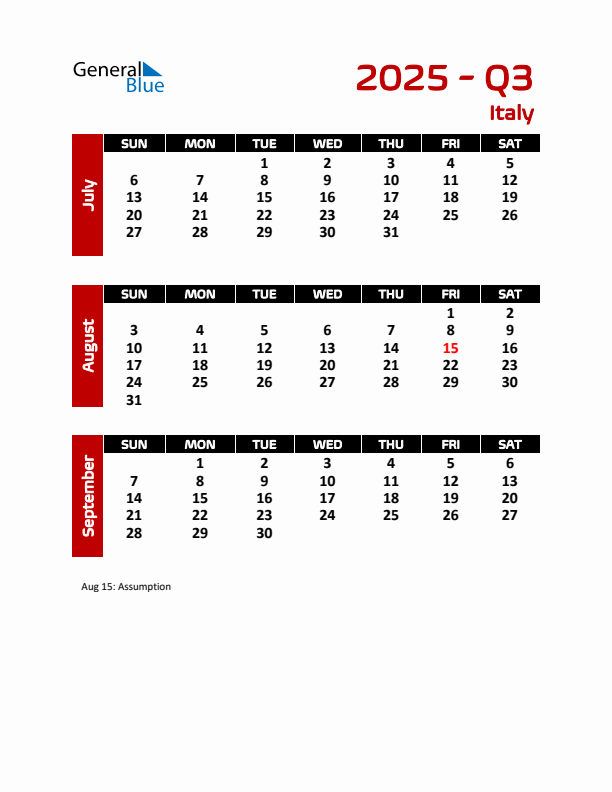 Q3 2025 Quarterly Calendar with Italy Holidays