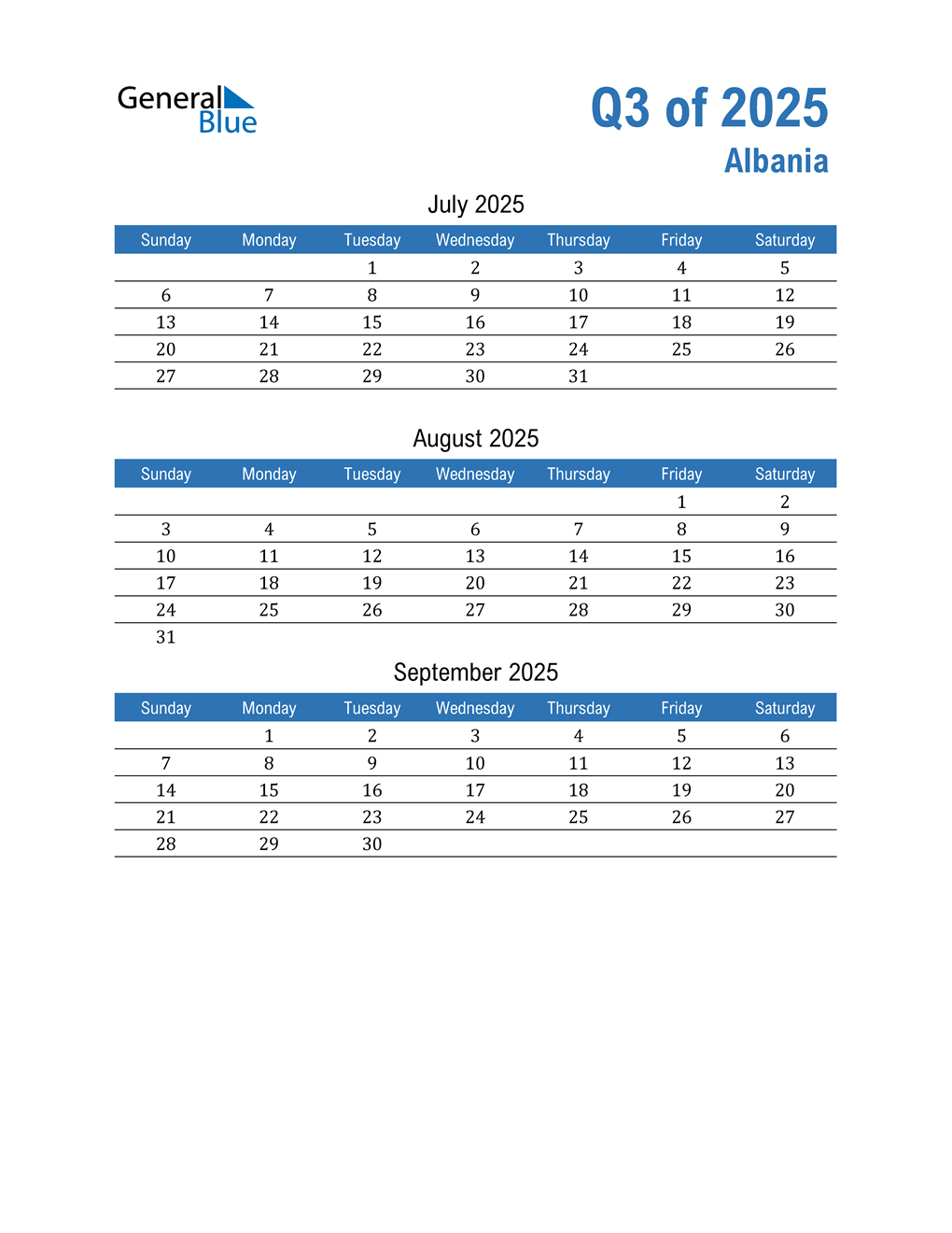  Albania 2025 Quarterly Calendar 