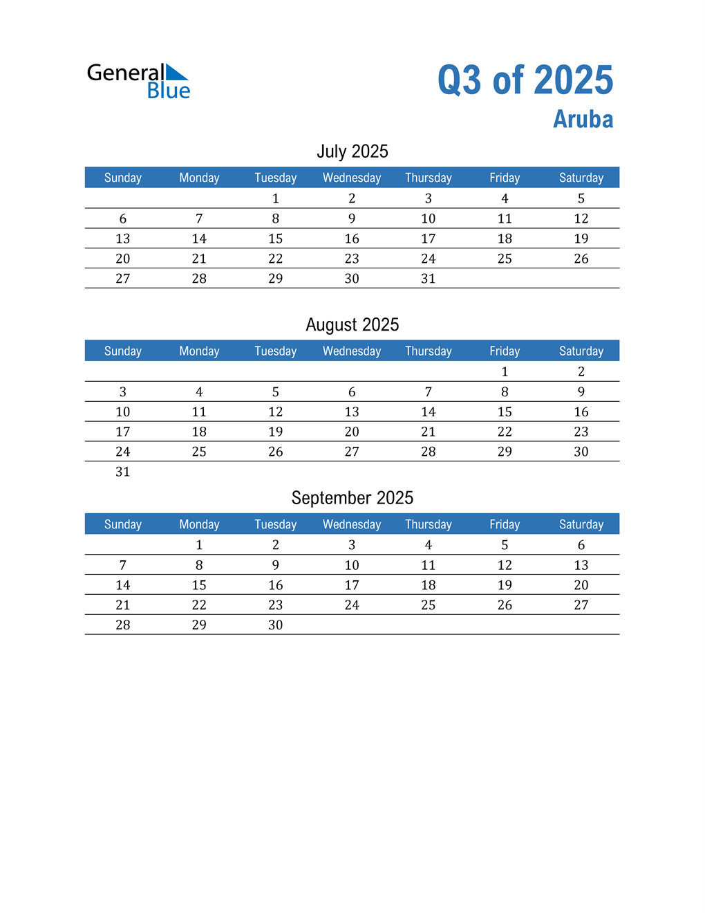  Aruba 2025 Quarterly Calendar 