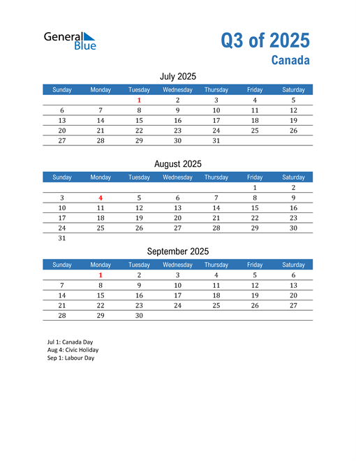 Q3 2025 Quarterly Calendar with Canada Holidays