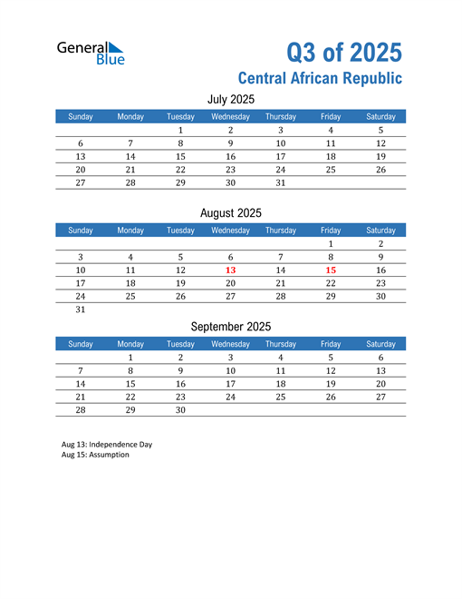  Central African Republic 2025 Quarterly Calendar 