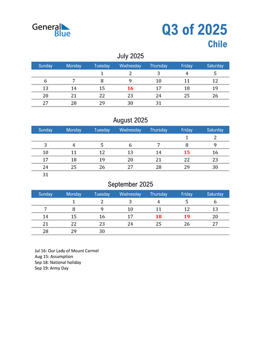  Chile 2025 Quarterly Calendar 