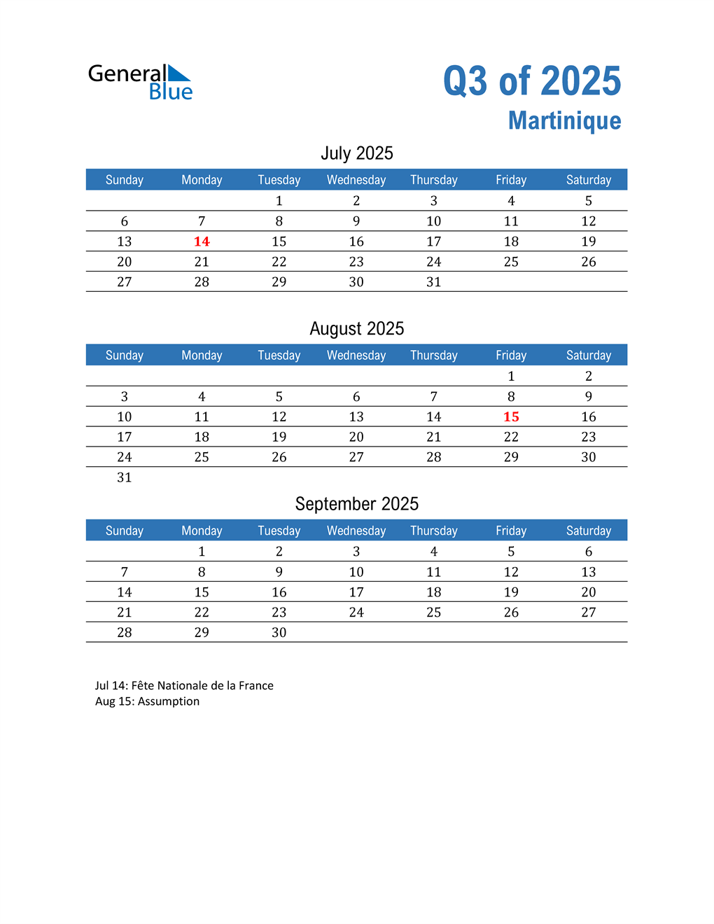  Martinique 2025 Quarterly Calendar 