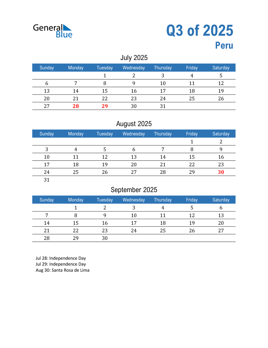  Peru 2025 Quarterly Calendar 