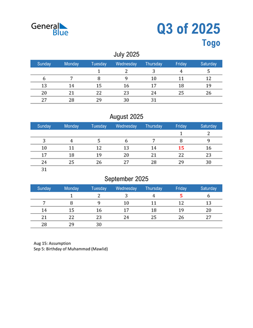  Togo 2025 Quarterly Calendar 