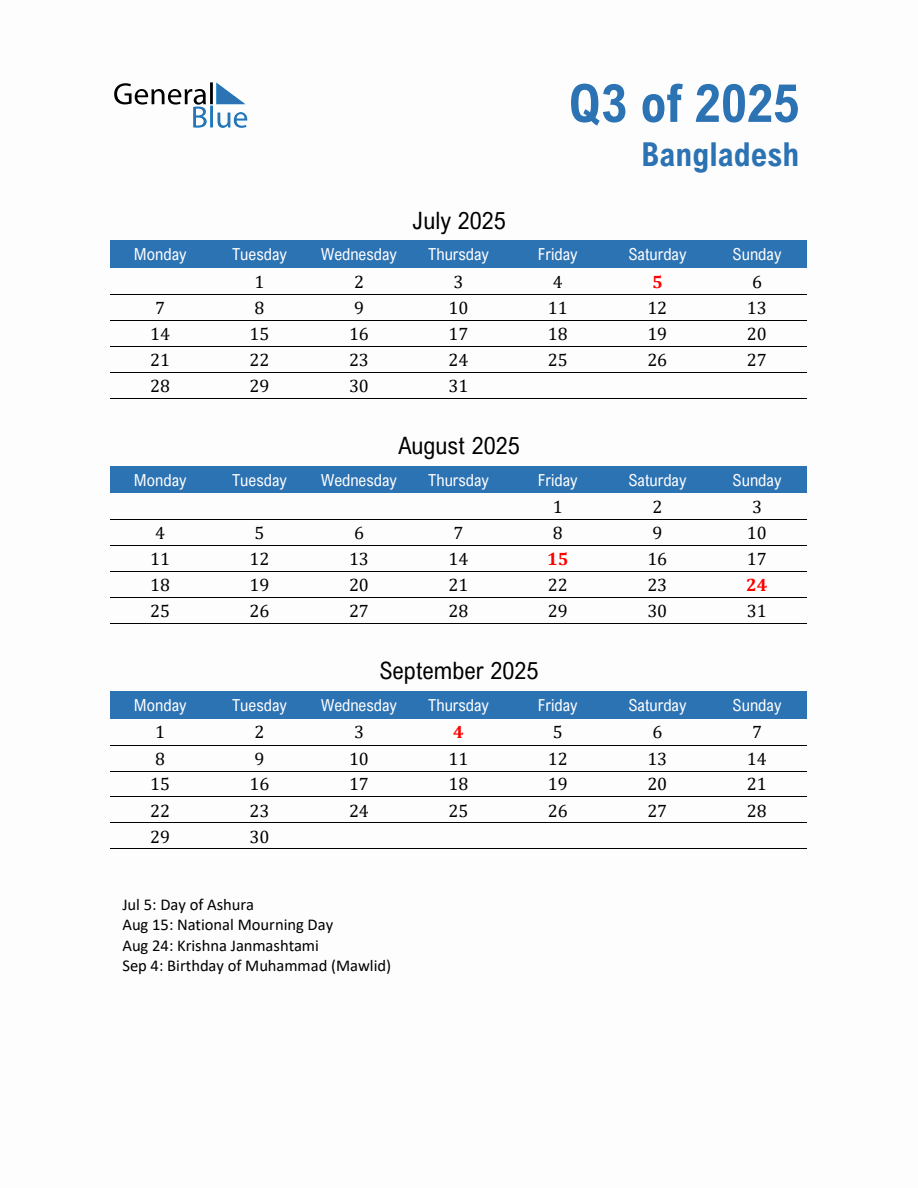 Bangladesh 2025 Quarterly Calendar with Monday Start