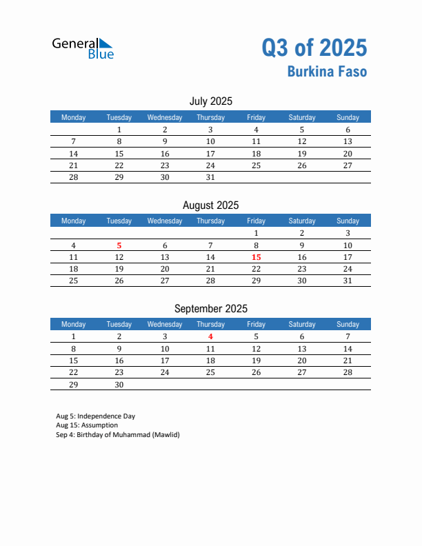 Burkina Faso 2025 Quarterly Calendar with Monday Start